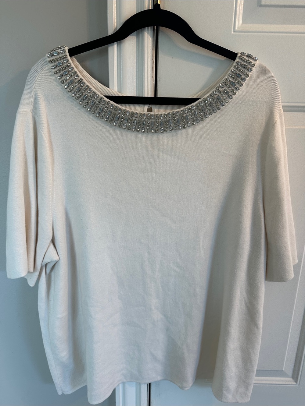 Talbots Cream Short-Sleeve Sweater with Crystal Collar